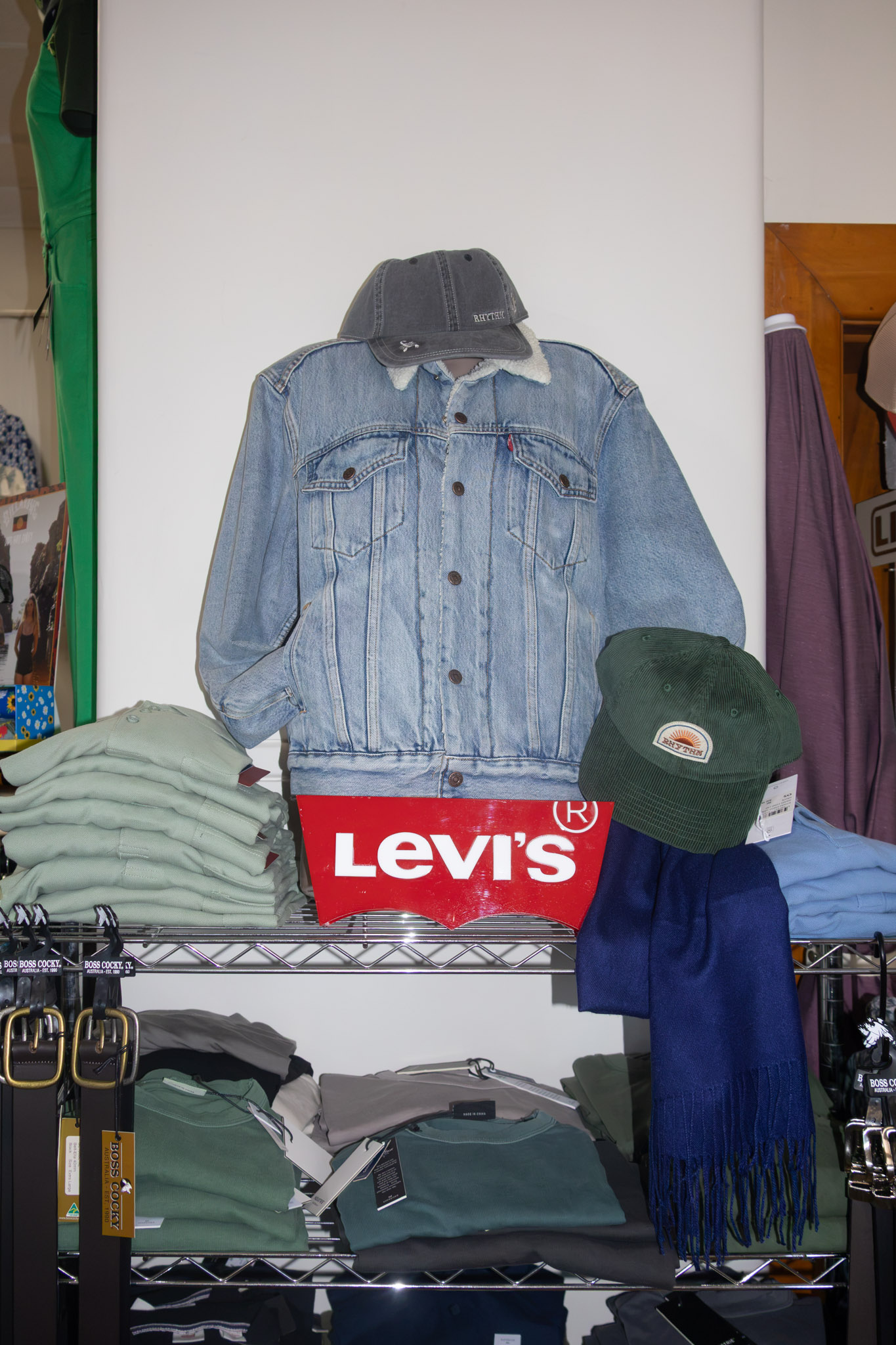 Levi's denim jacket and accessories display.