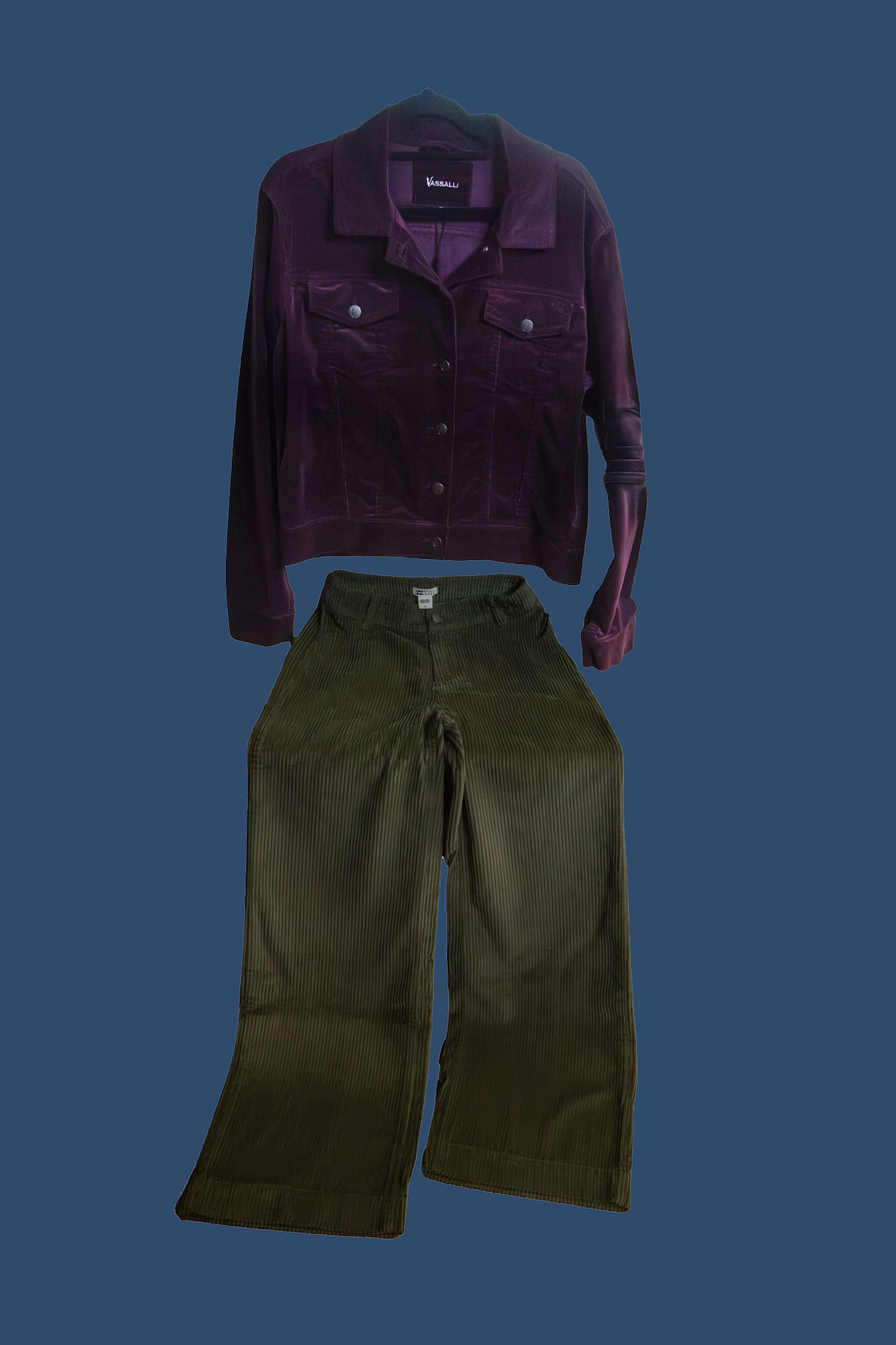 Purple corduroy jacket and olive trousers, representative of the ladieswear range.